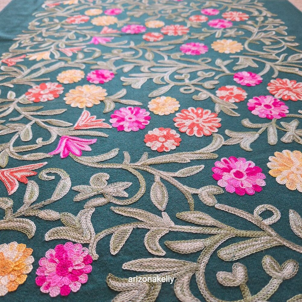 Green "Cashmere" Scarf with Chain Stitch Embroidery Flowers and Leaves - Picture 12 of 16